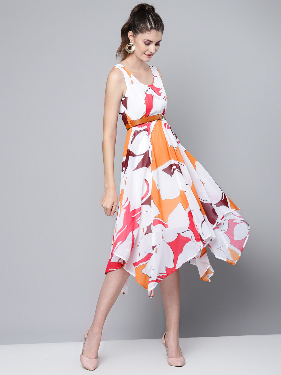 SASSAFRAS Printed Midi A-Line Dress with Belt