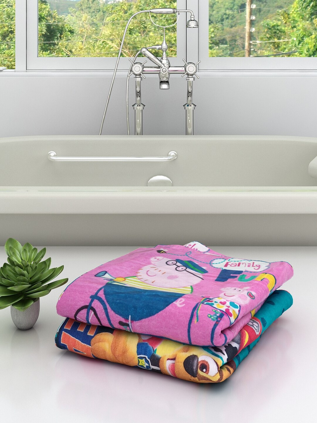 Athom Trendz Kids Set Of 2 Peppa Pig & Team Paw Printed 350 GSM Cotton Bath Towels