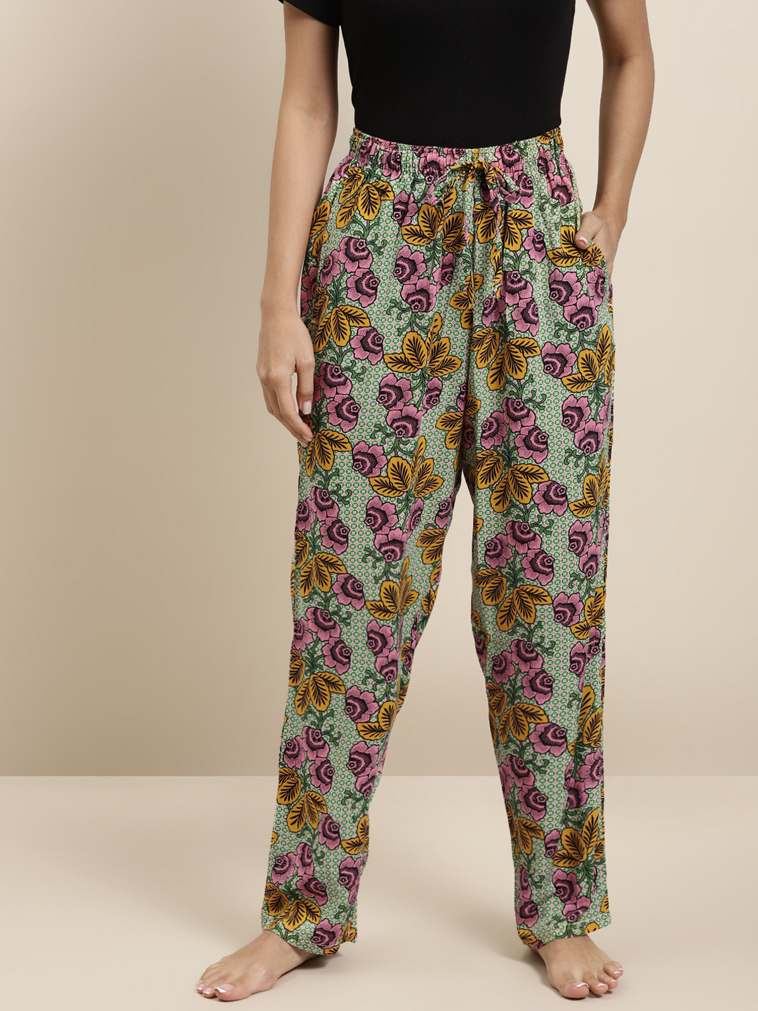 Hancock Women Green & Pink Floral Print Lounge Pants