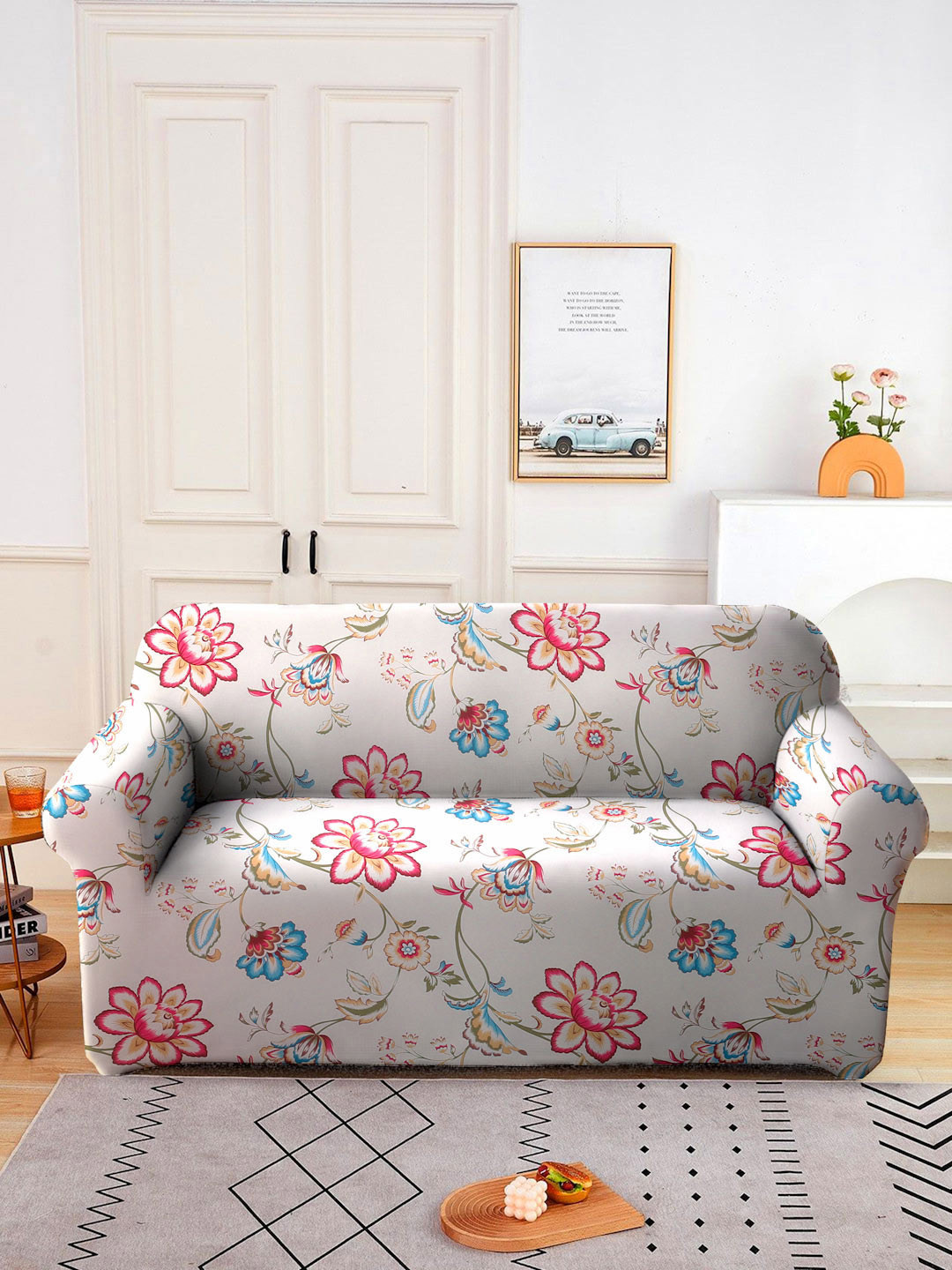 Cortina Beige & Red Printed 2-Seater Super-Stretchable Non-Slip Sofa Slipcover