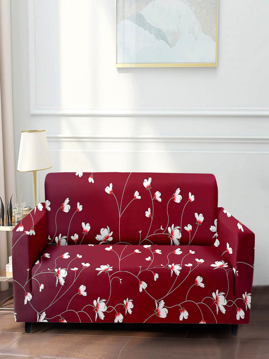 Cortina Maroon Printed 2-Seater Stretchable Non-Slip Sofa Slipcover