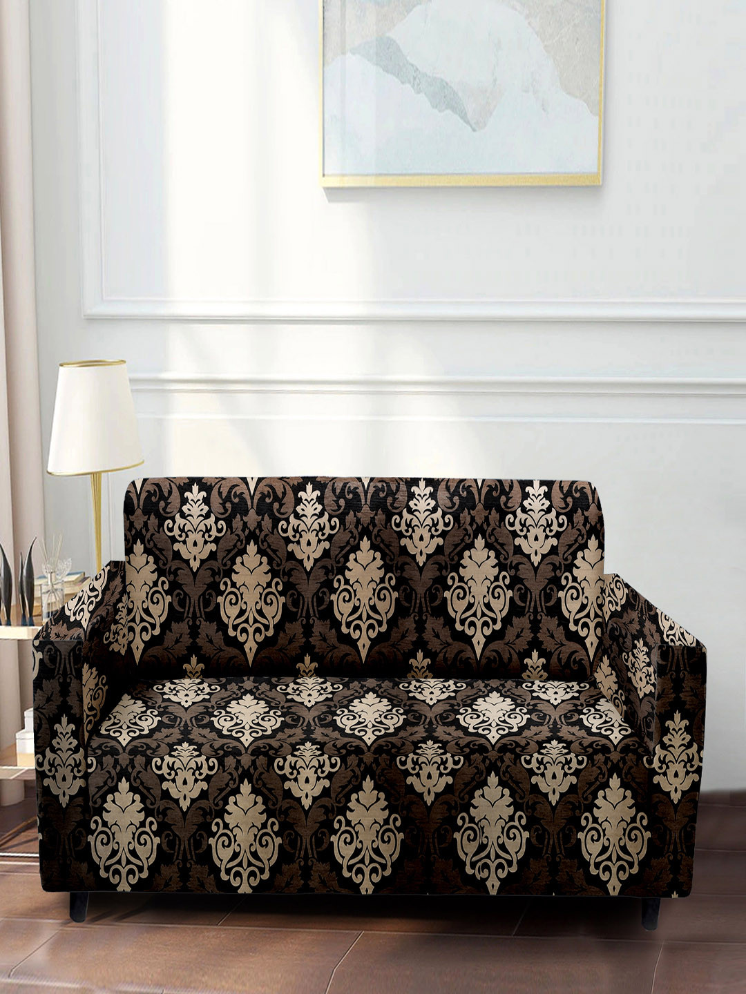 Cortina Black & Grey Printed 3-Seater Stretchable Non-Slip Sofa Slipcover