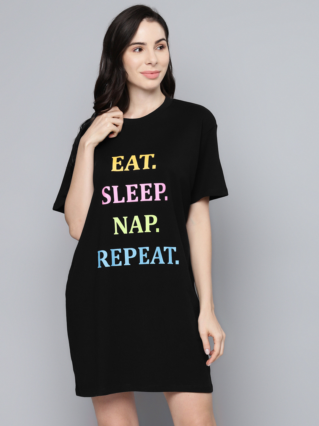 SASSAFRAS Women Black & Pink Printed Sleep Shirt