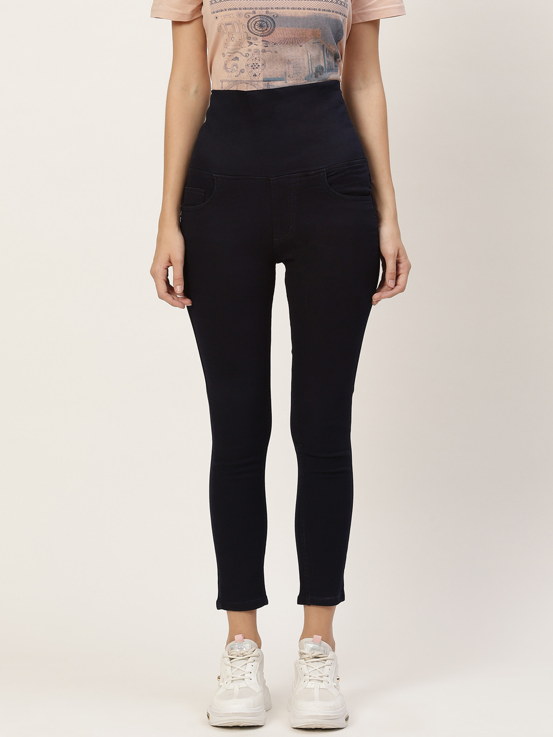 Paris Hamilton Women Navy Blue Solid High Waist Tummy Tucker Denim Cropped Jeggings