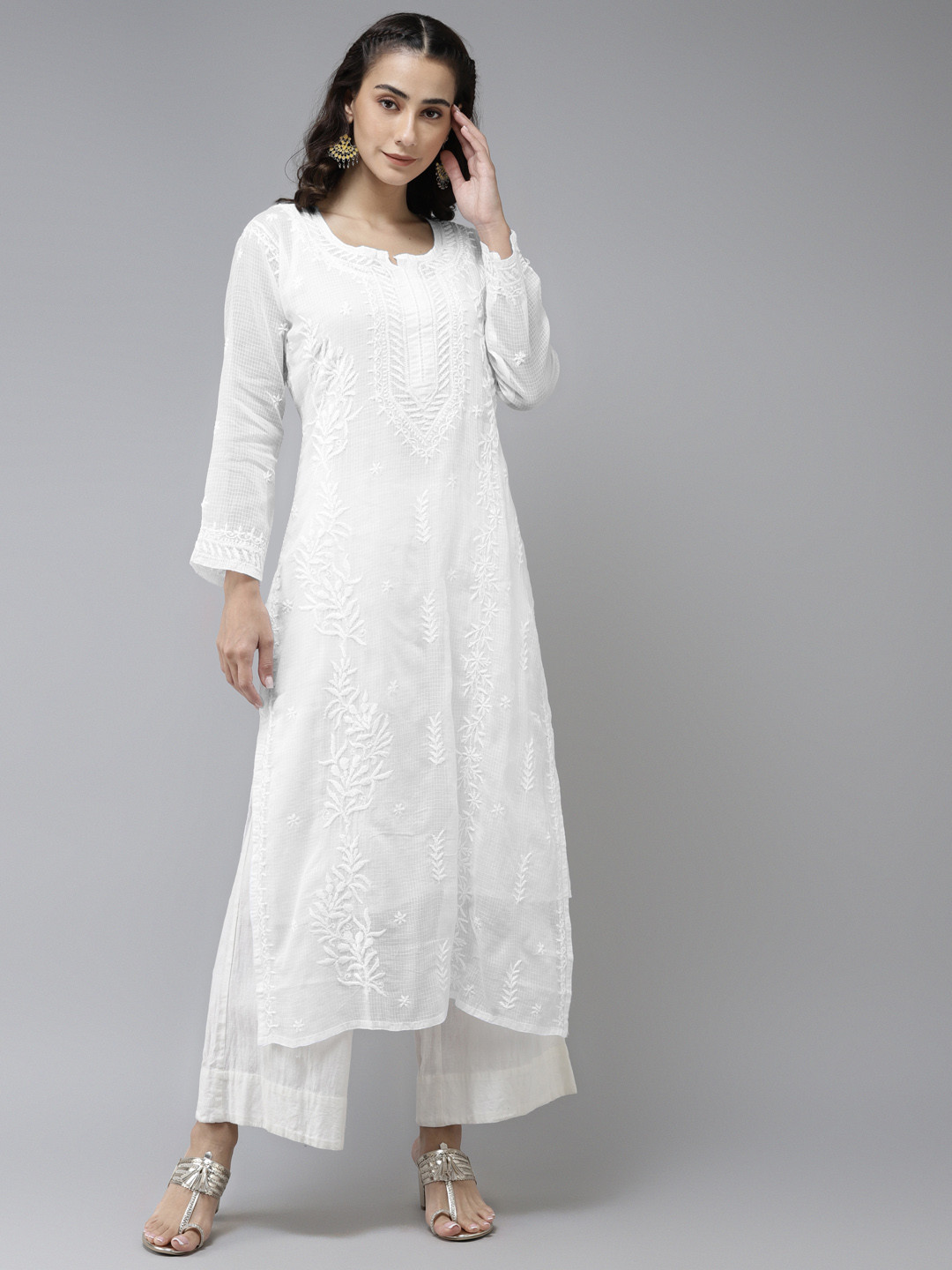 ADA Women White Ethnic Motifs Embroidered Chikankari Kota Kurta
