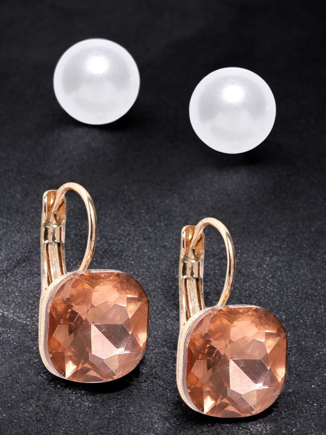 OOMPH Set of 2 White Pearl Gold Zirconia In Gold-Toned Fashion Studs Earrings