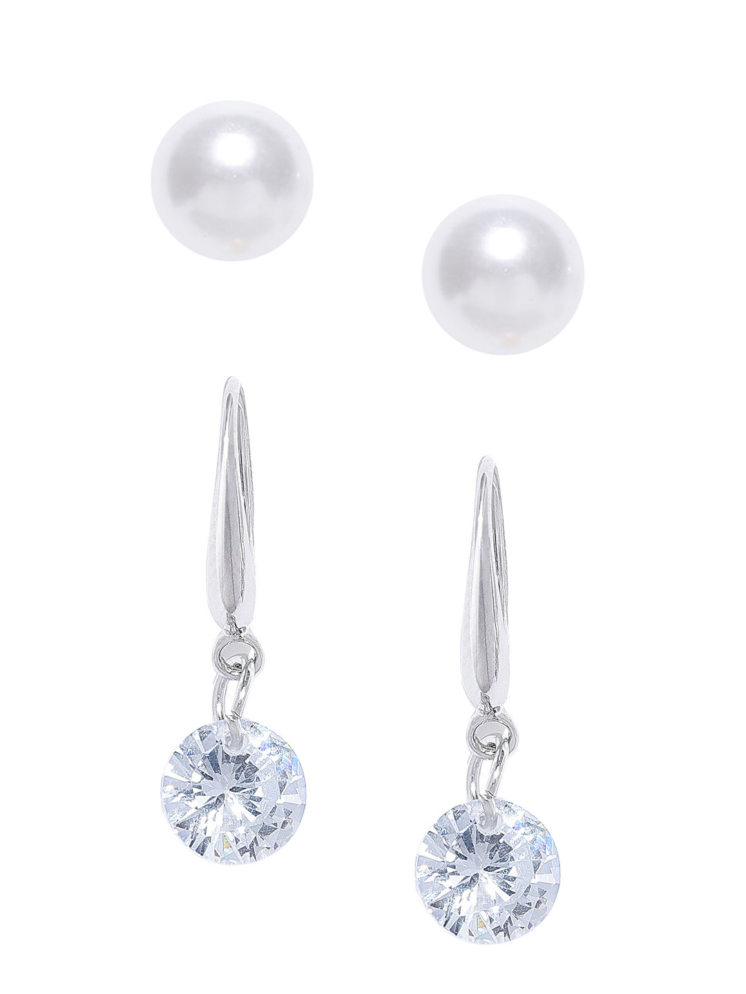 OOMPH Set of 2 White Pearl & Silver-Toned Delicate Cubic Zirconia-Studded Drop Earrings