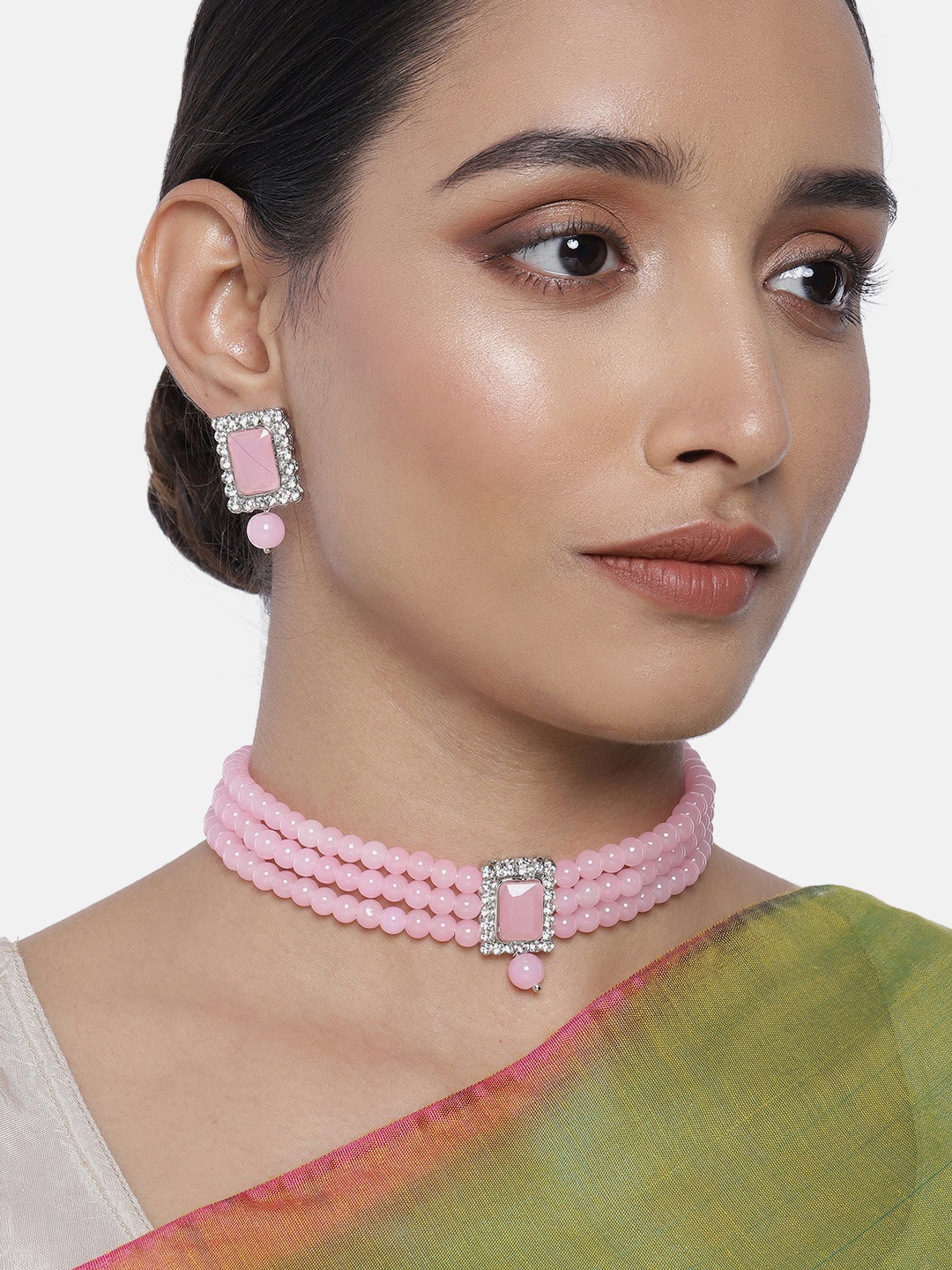 I Jewels Pink Rhodium Plated Handcrafted Jewellery Set