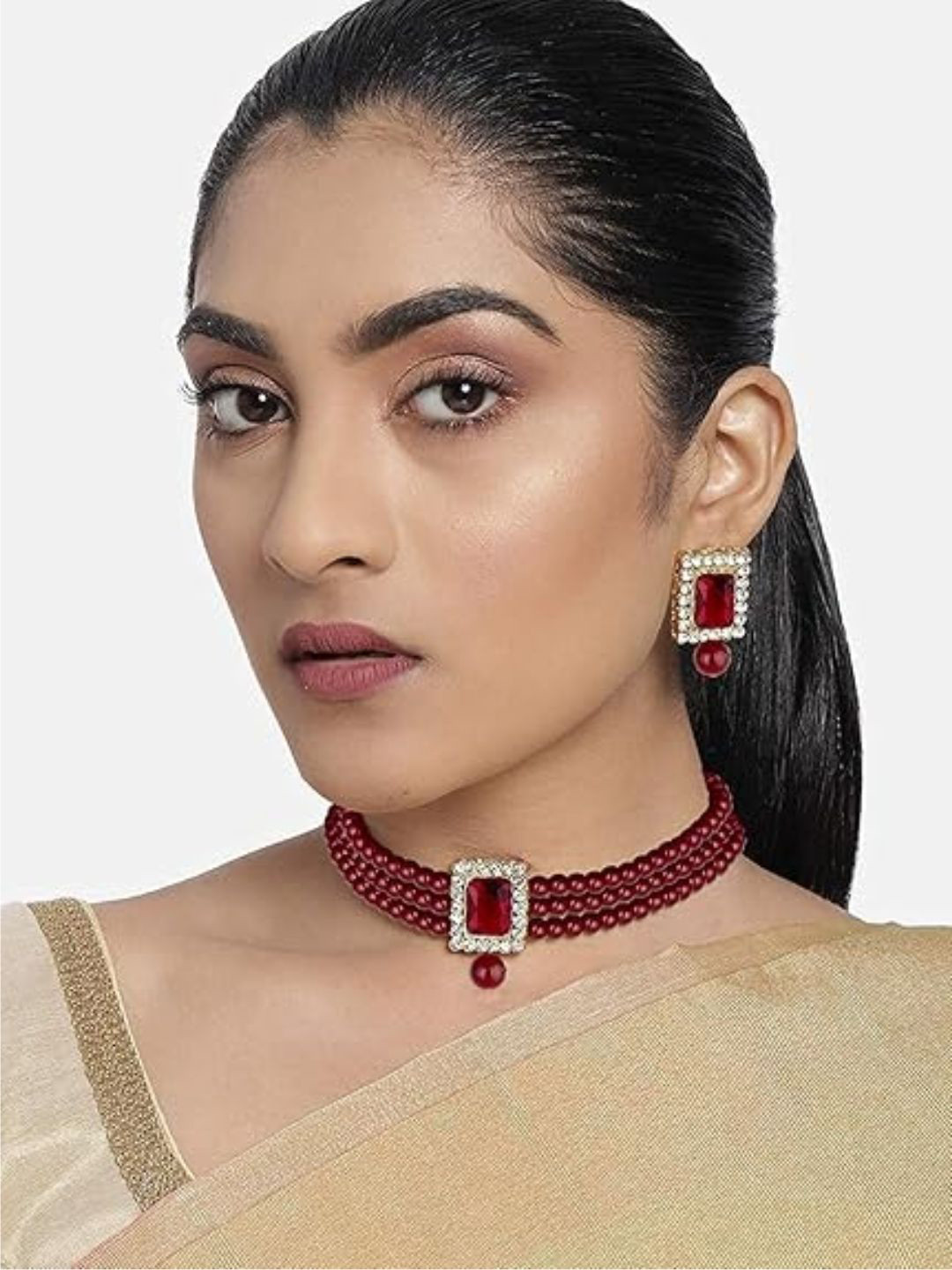 I Jewels Maroon & Gold Plated Handcrafted Choker Jewellery Set