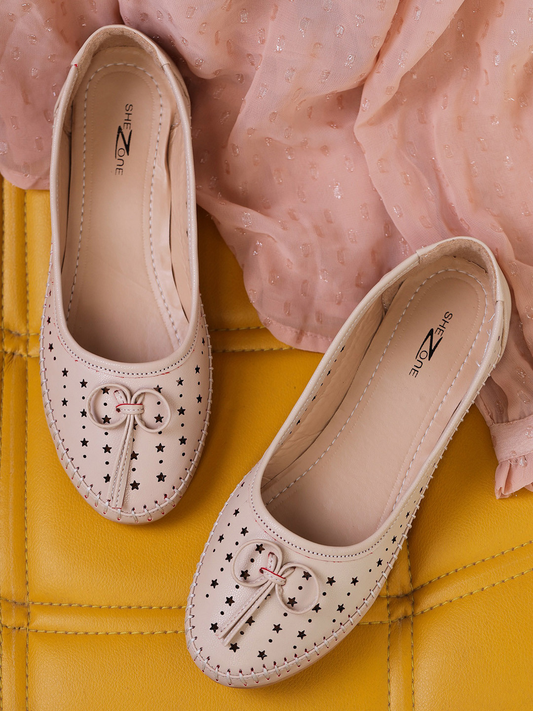 Shezone Women Cream Coloured Lacer Cuts Ballerinas