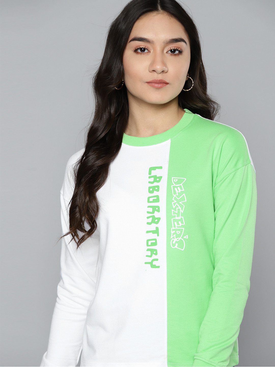 Dexter by Kook N Keech Women White & Green Colourblocked Sweatshirt
