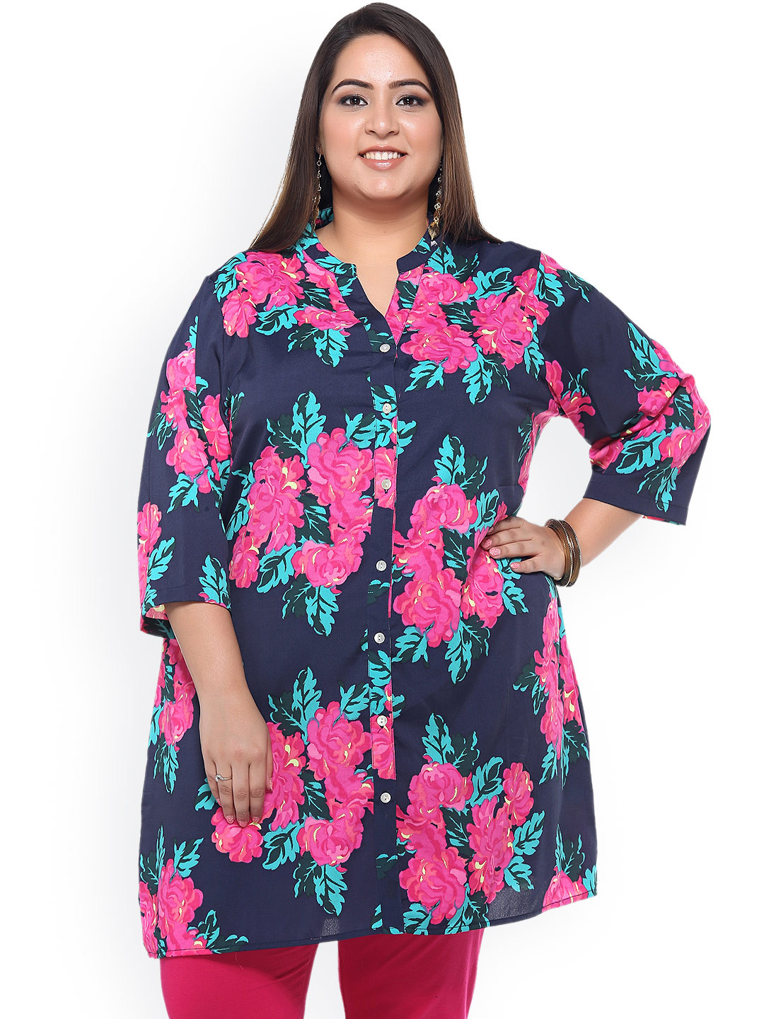 plusS Navy & Pink Floral Print Polyester Tunic