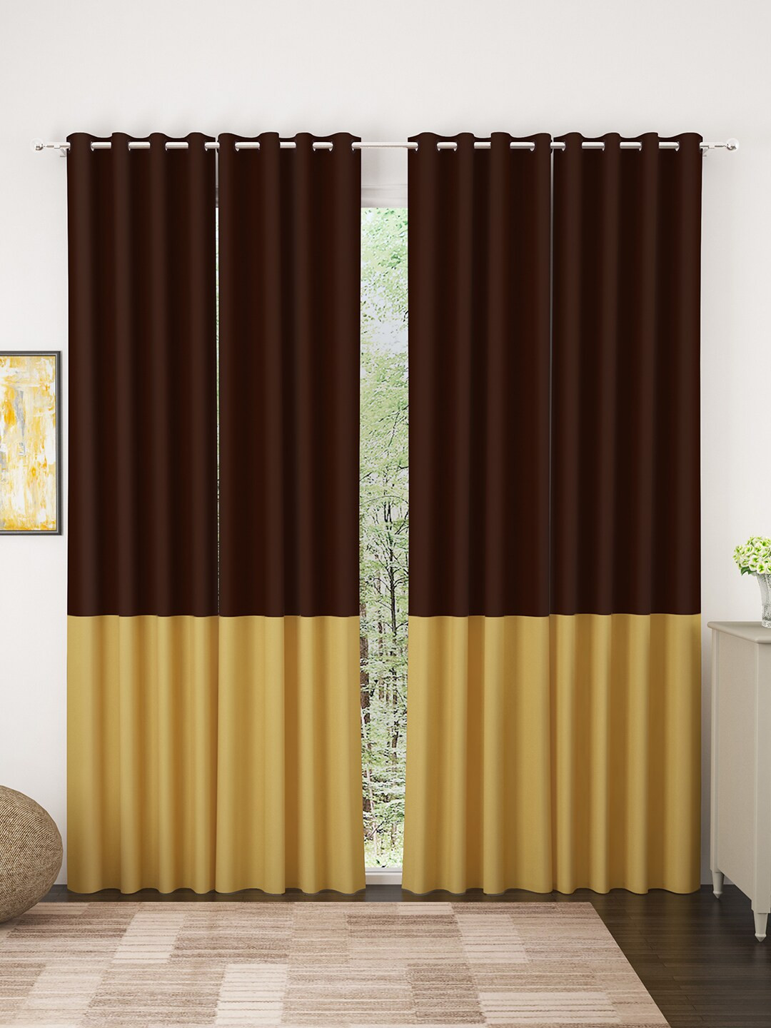 Story@home Brown & Gold-Toned Set of 4 Faux Silk Colourblocked Room Darkening Door Curtain