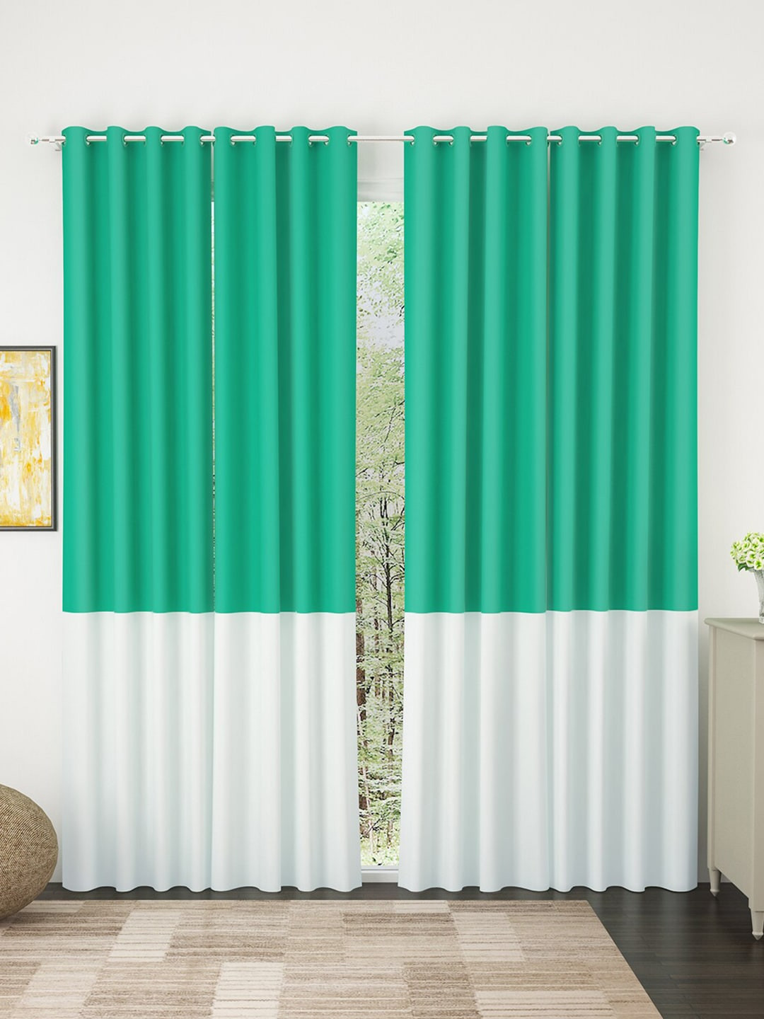 Story@home Silver & Turquoise Blue Set of 4 Faux Silk Colourblocked Room Darkening Door Curtain