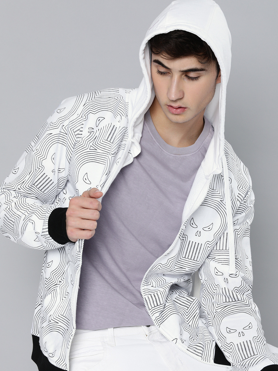 Kook N Keech Marvel Men White Cotton Printed Hooded Sweatshirt