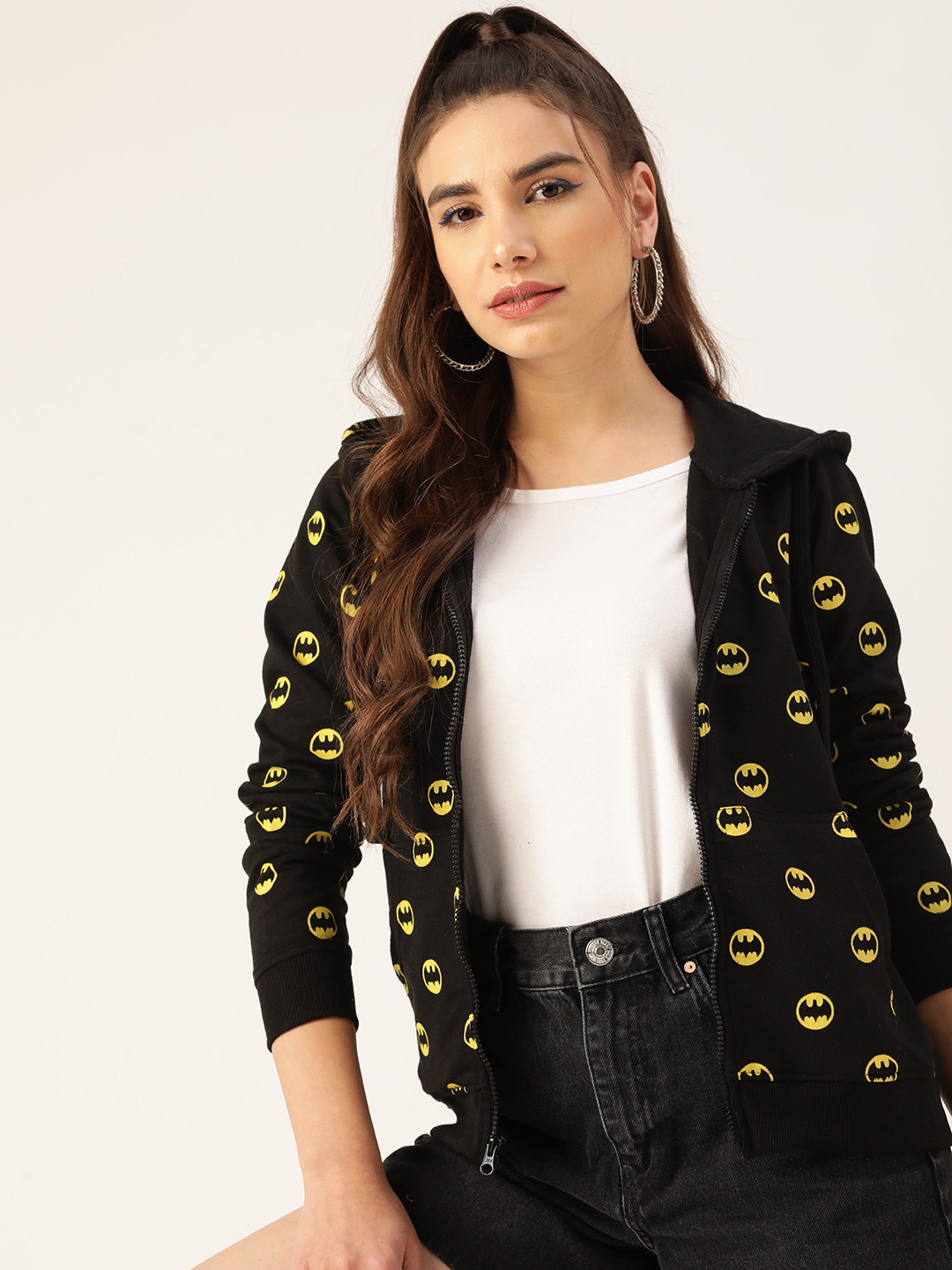 Kook N Keech Batman Women Black & Yellow Printed Hooded Sweatshirt