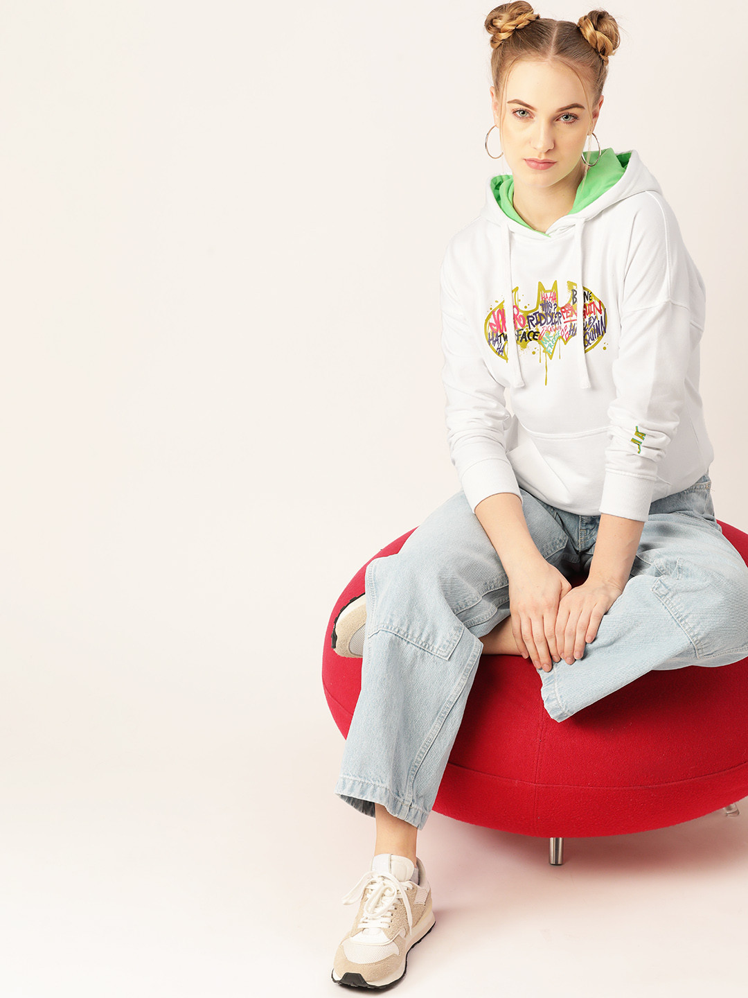 Kook N Keech Batman Women White Printed Hooded Sweatshirt