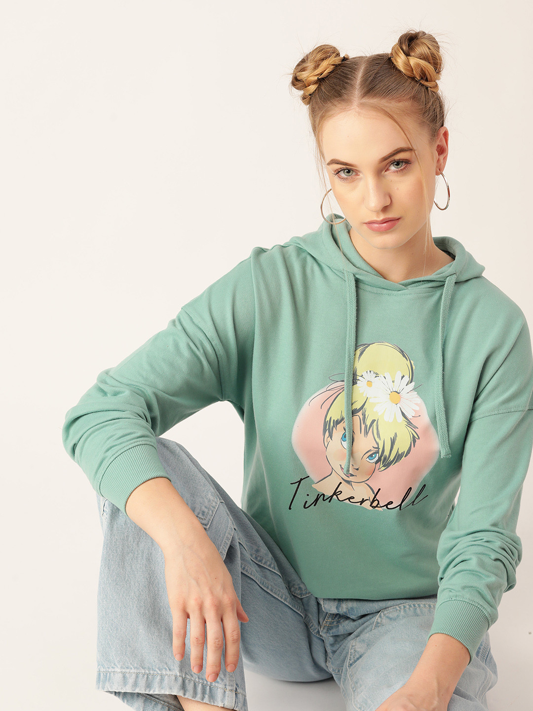 Kook N Keech Disney Women Green Tinkerbell Printed Hooded Sweatshirt