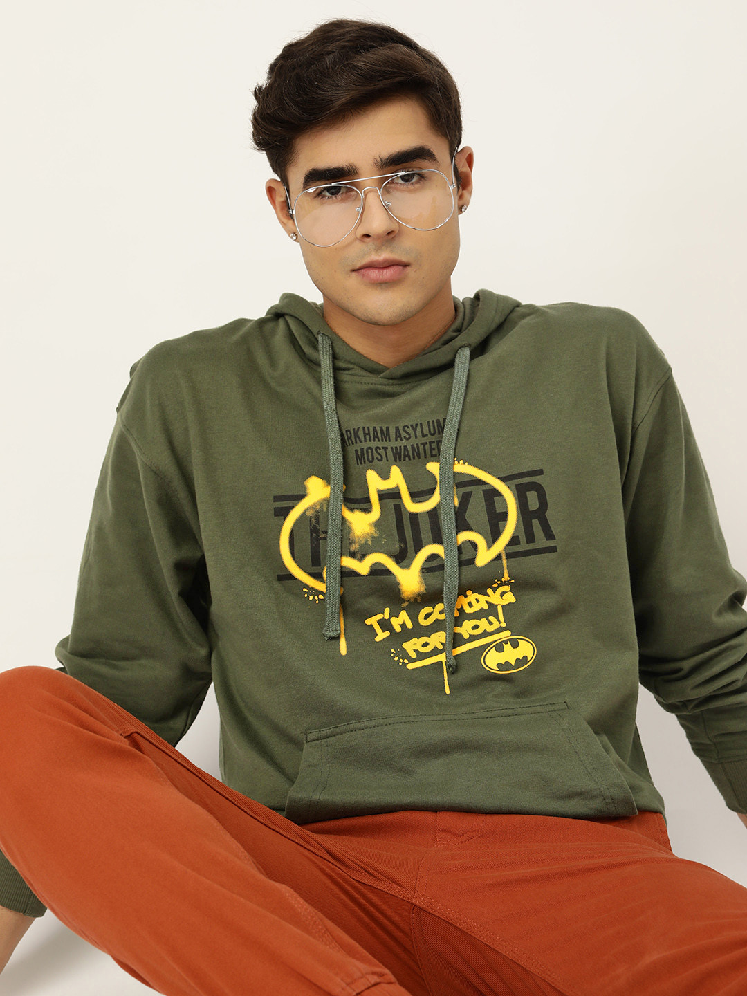 Kook N Keech Batman Men Olive Green Printed Hooded Sweatshirt