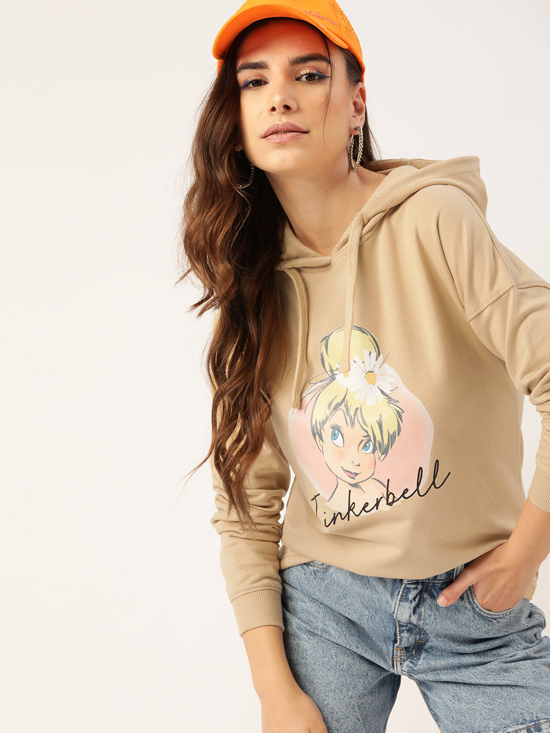 Kook N Keech Disney Women Beige Tinkerbell Print Hooded Sweatshirt