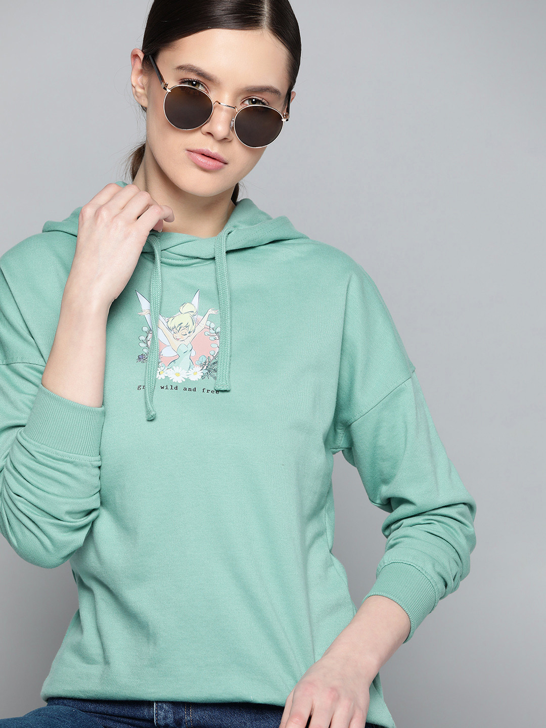 Kook N Keech Disney Women Green Tinkerbell Print Hooded Sweatshirt