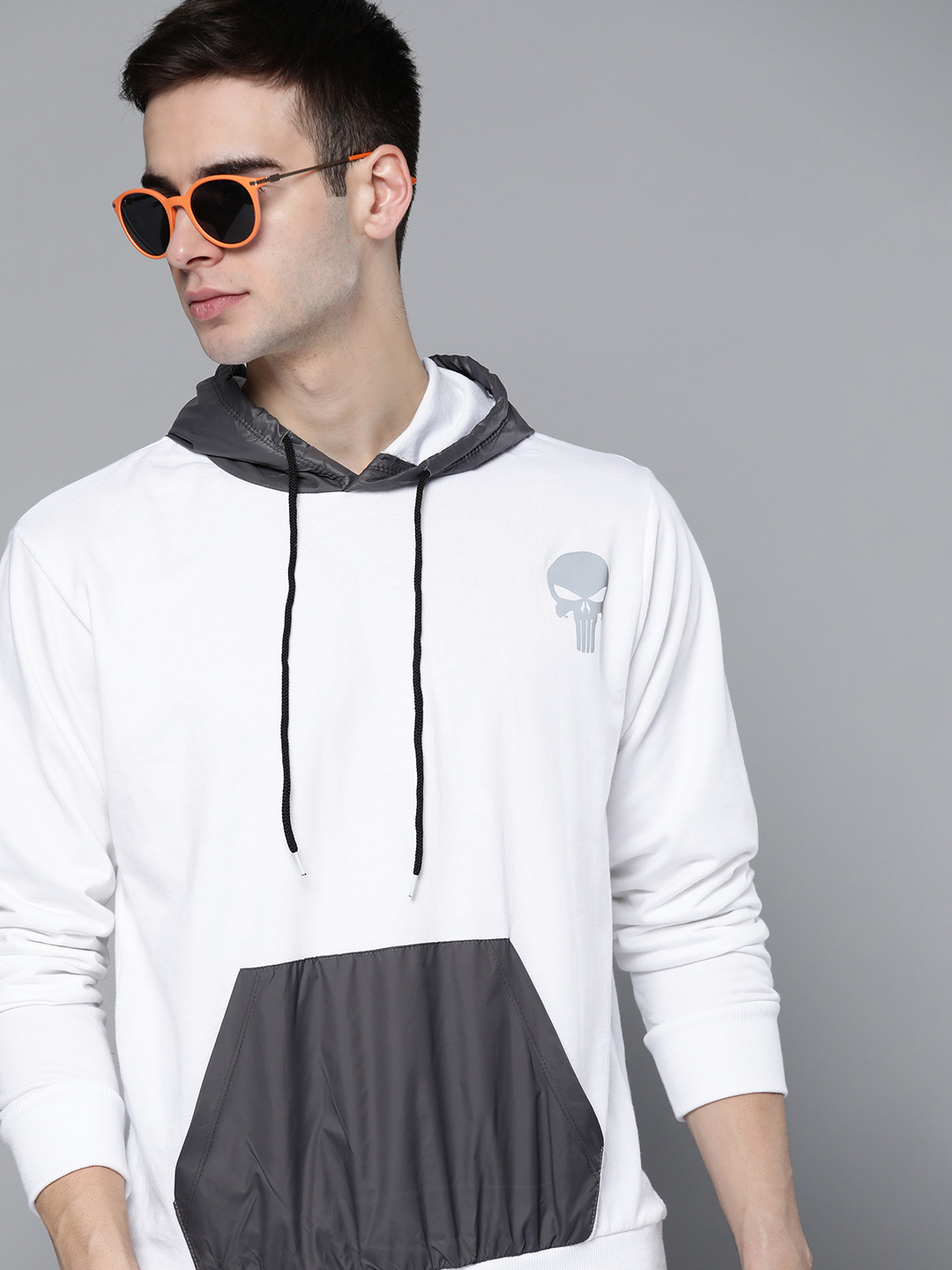 Kook N Keech Marvel Men White & Charcoal Grey Solid Hooded Sweatshirt