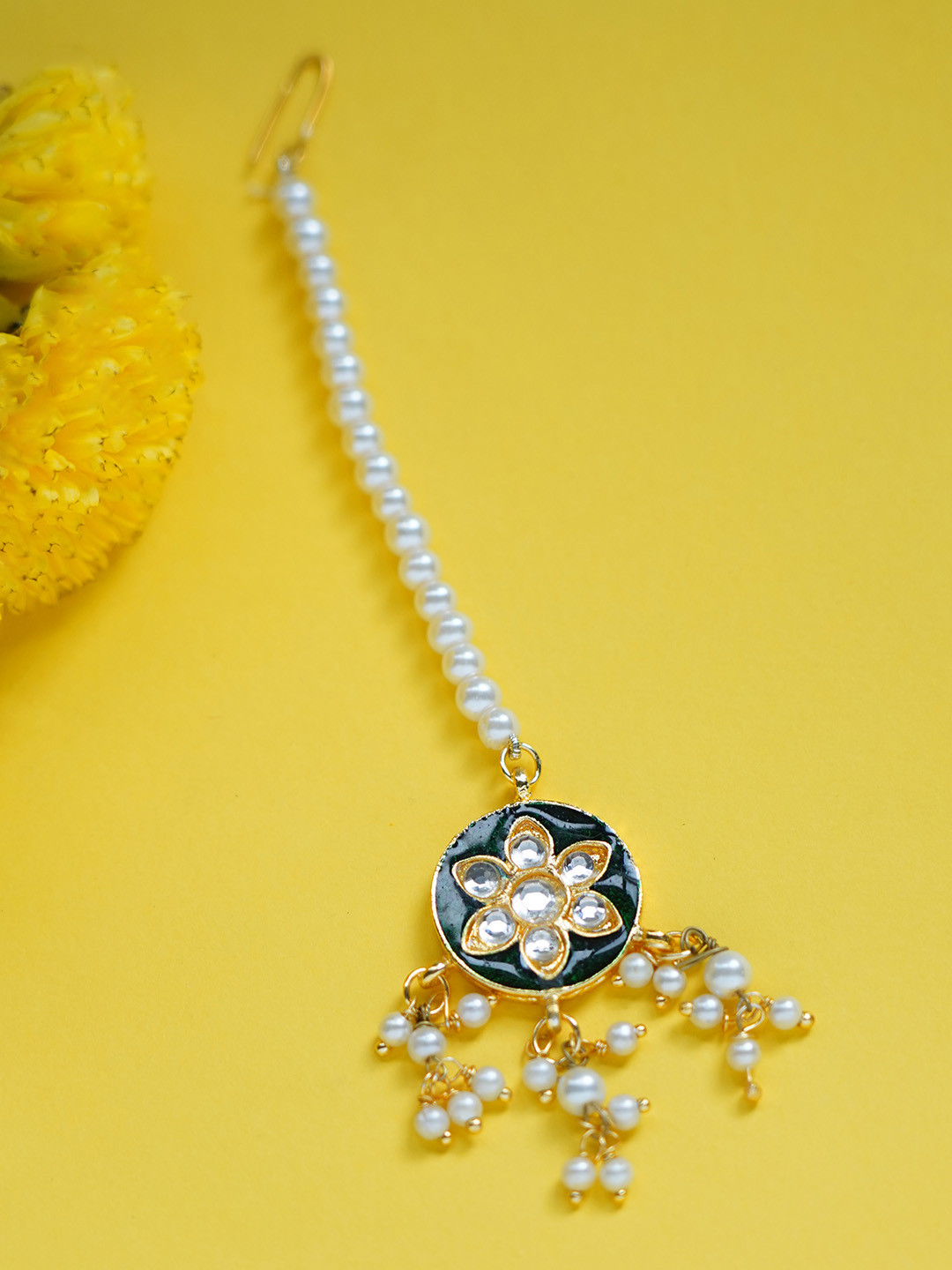 FIROZA Gold-Toned & Green Kundan Studded & Beaded Enamelled Maang Tikka