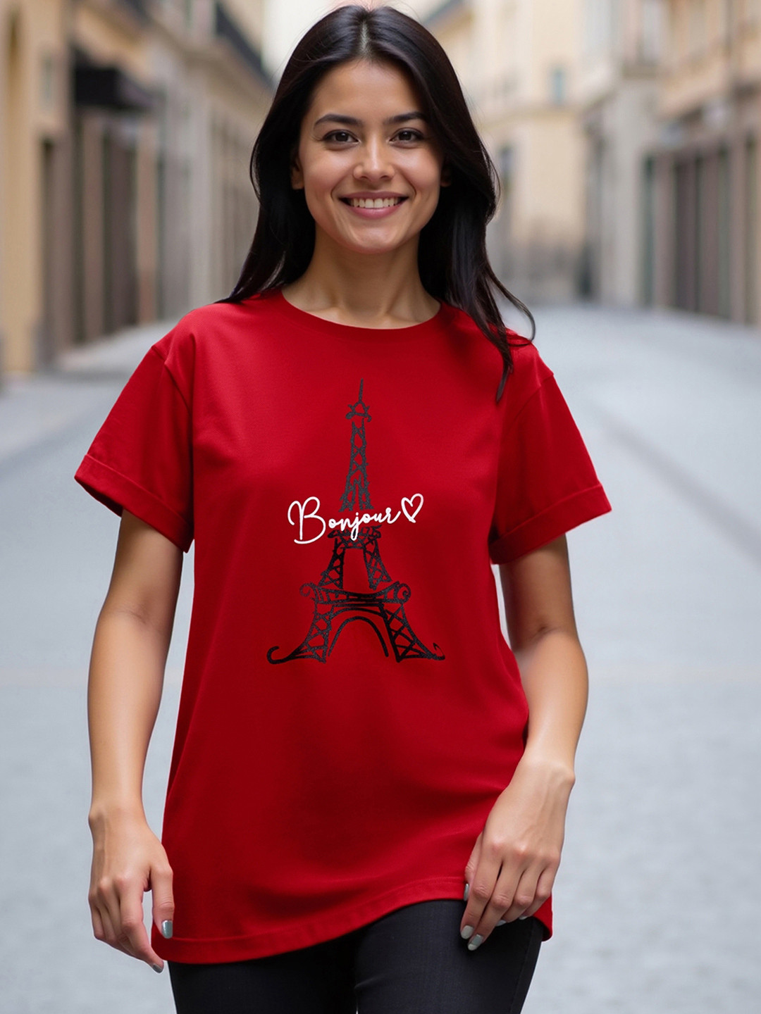 Bewakoof Women Red Printed Boyfriend Fit Pure Cotton T-shirt