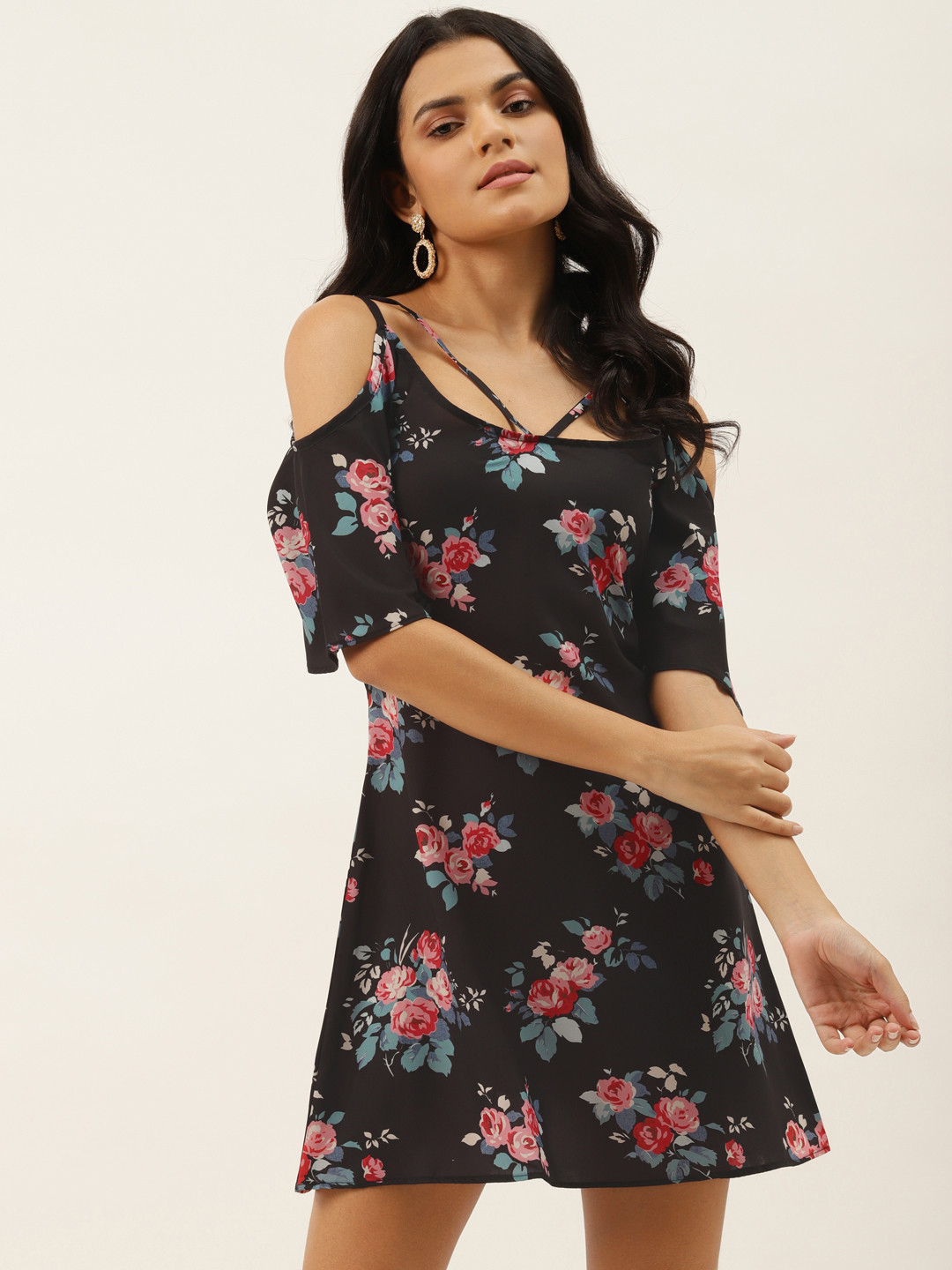 MELOSO Black & Red Floral Cold-Shoulder Dress