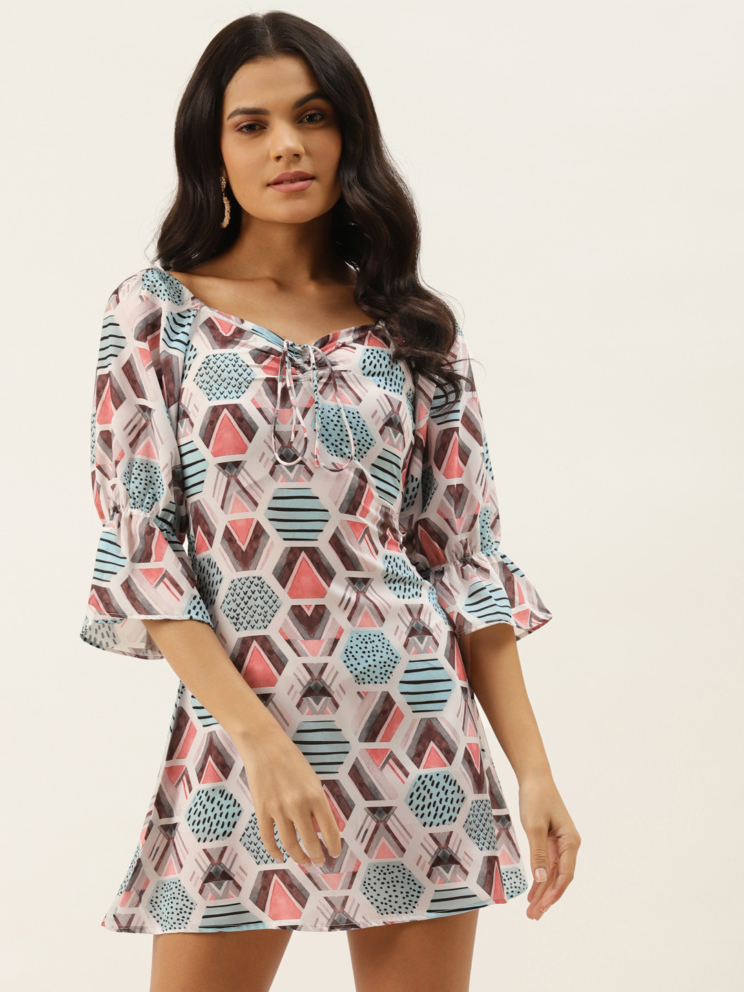 MELOSO White & Turquoise Blue Geometric Mini Dress