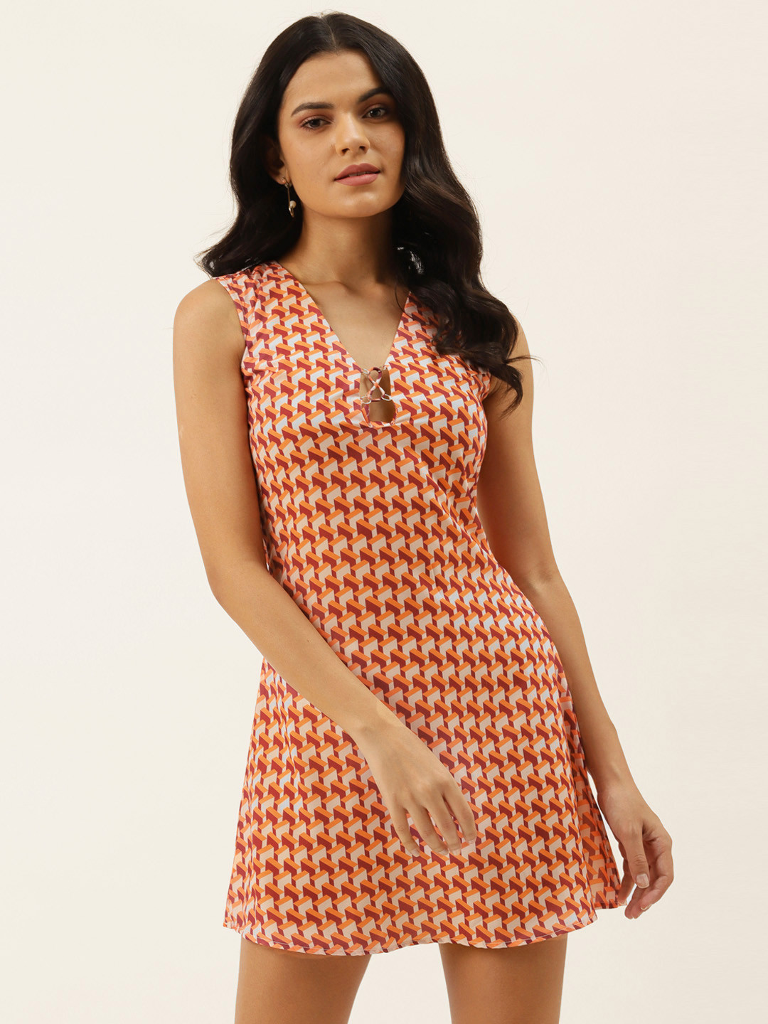 MELOSO Peach-Coloured & Maroon A-Line Dress