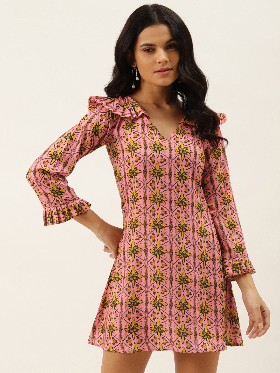 MELOSO Women Pink & Yellow Printed A-Line Dress