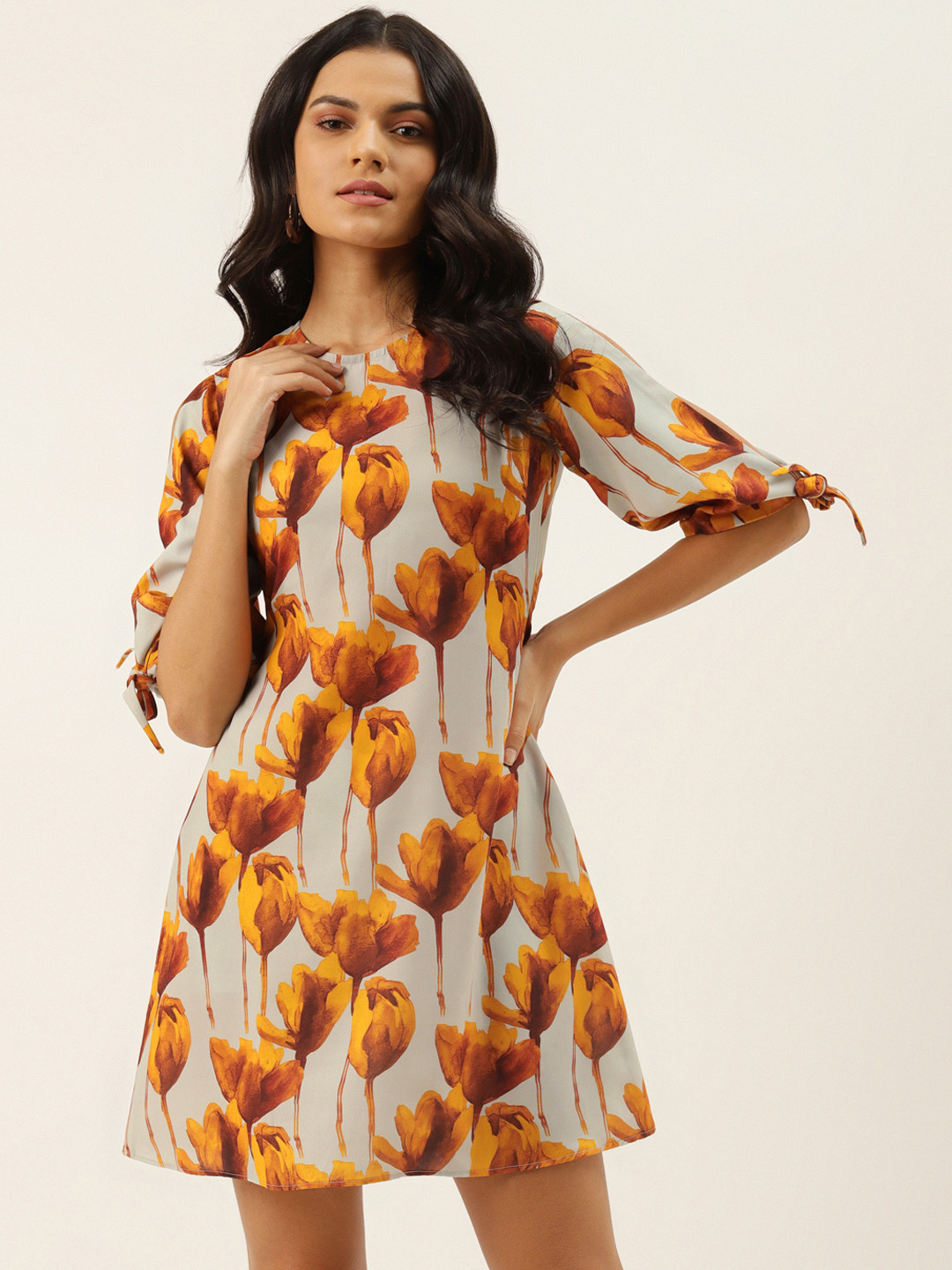 MELOSO Women Off White & Orange Floral Print A-Line Dress