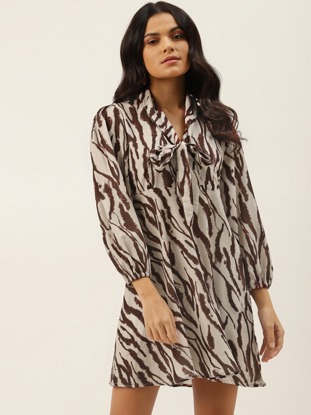 MELOSO Women Taupe & Brown Animal Print Tie-Up Neck A-Line Dress