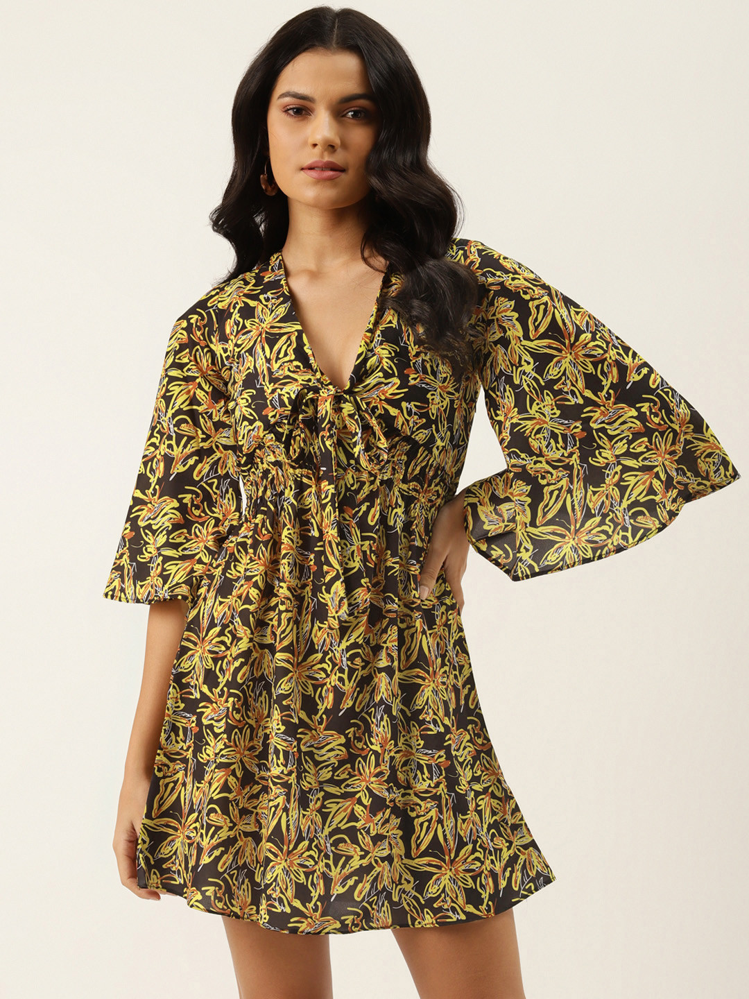 MELOSO Women Black & Yellow Floral Tie-Up Neck Mini Empire Dress
