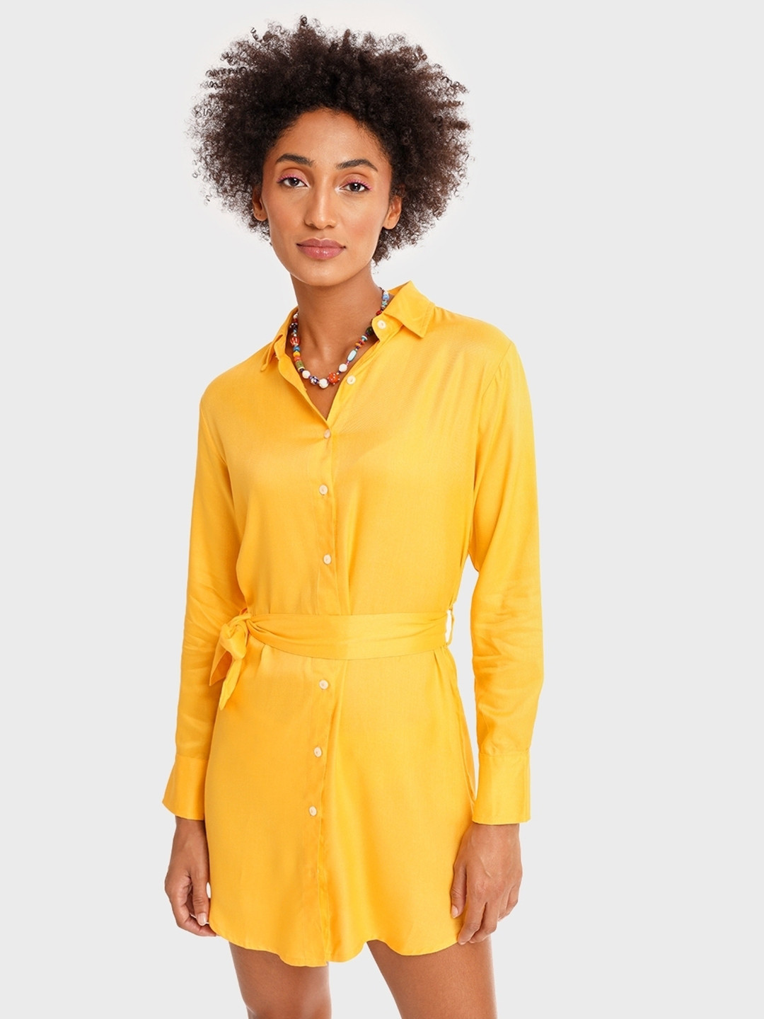 Bewakoof Women Solid Yellow Tape Shirt Style Top