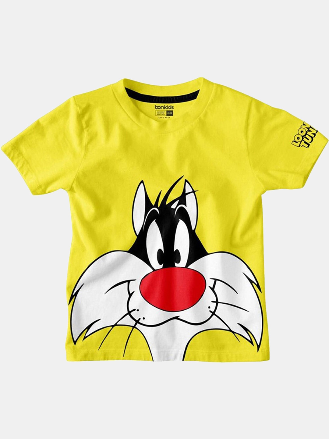 BONKIDS Boys Yellow Looney Tunes Print Round Neck Slim Fit T-shirt