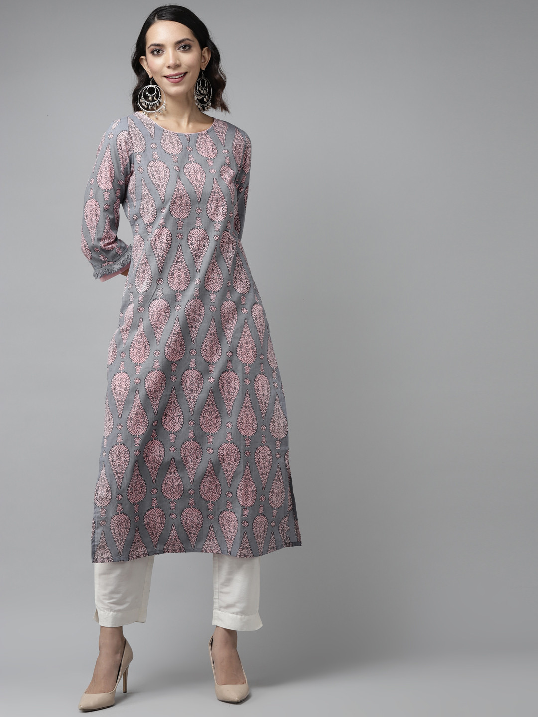 Amirah s Women Grey & Pink Ethnic Motifs Printed Block Print Kurta