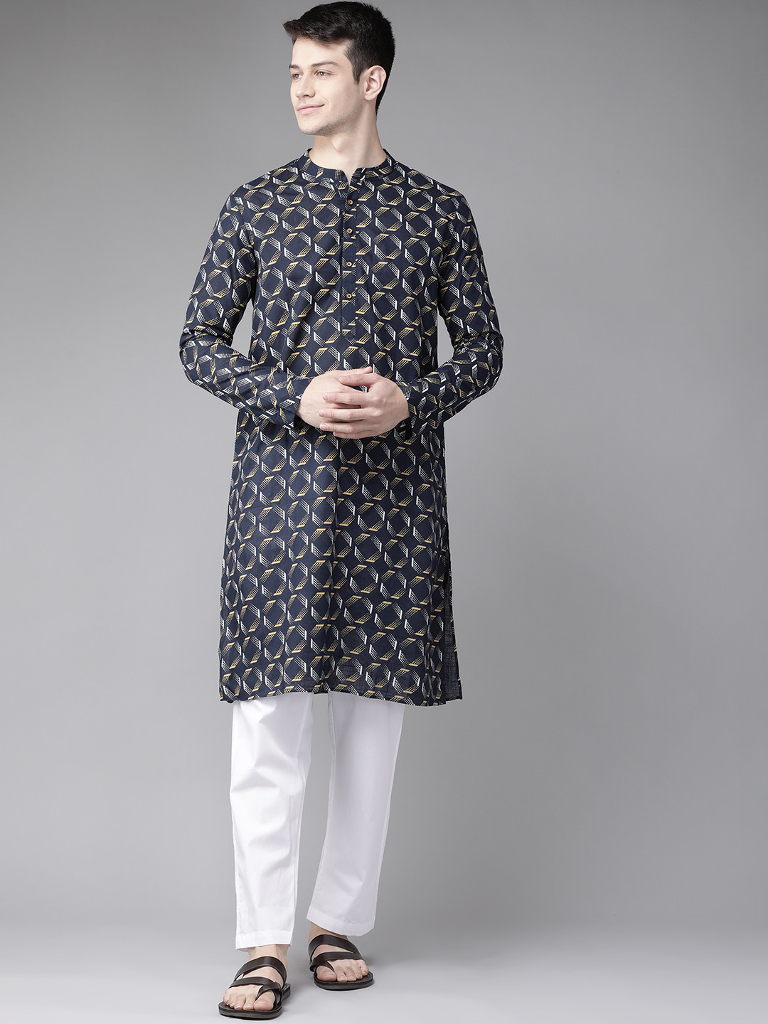 See Designs Men Navy Blue & White Geometric Printed Pure Cotton Kurta
