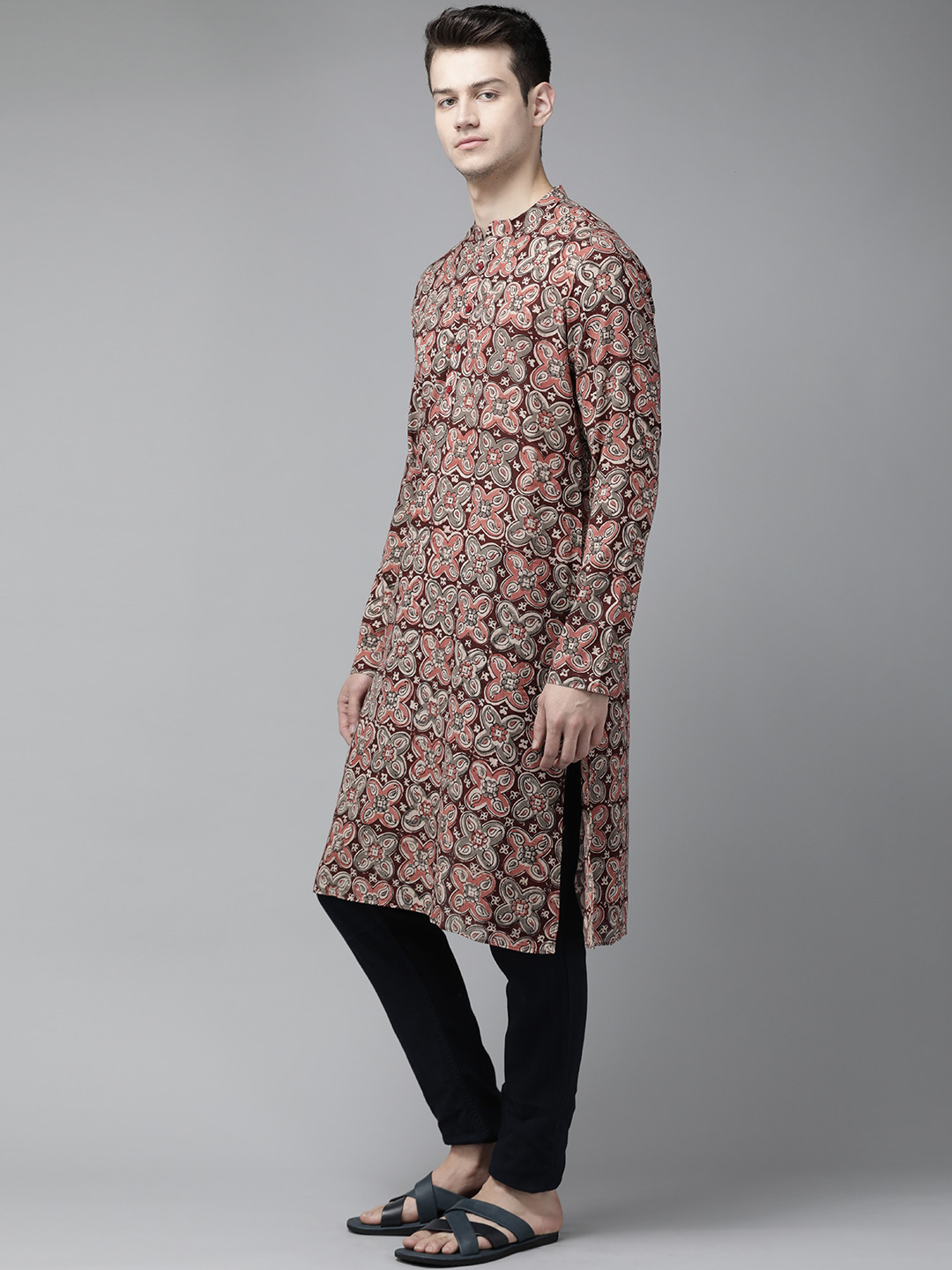 See Designs Men Maroon & Grey Kalamkari Block Print Sustainable Handloom Straight Kurta