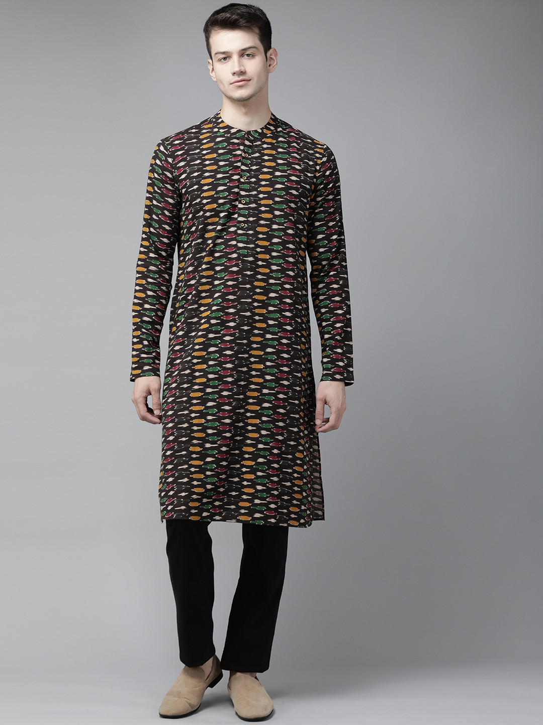 See Designs Men Black & Mustard Yellow Kalamkari Block Print  Handloom Kurta