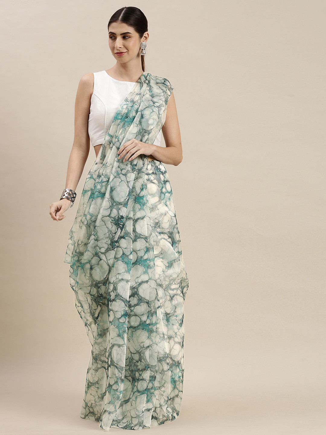 Mitera Off White & Grey Organza Saree