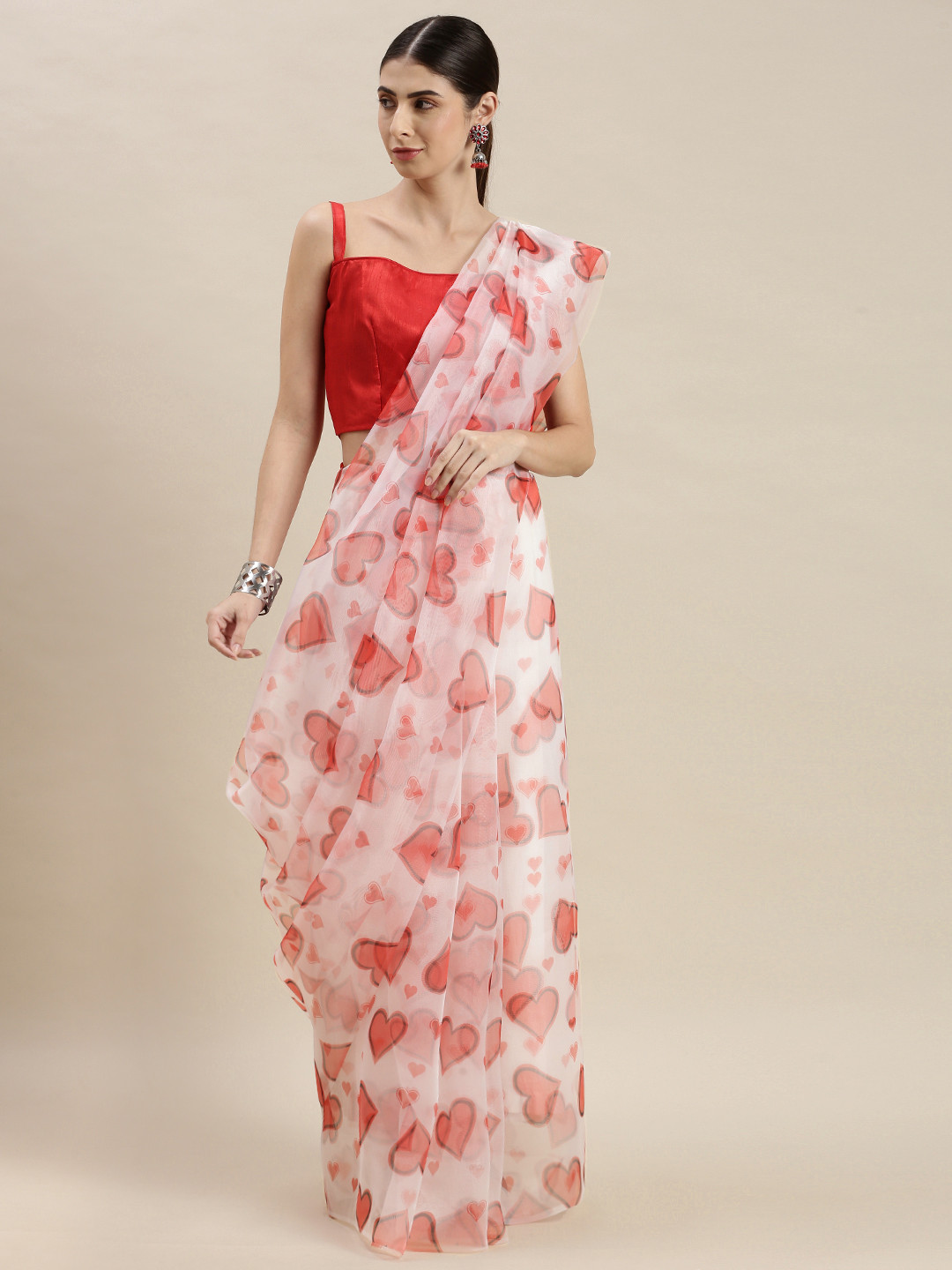 Mitera White & Red Conversational Printed Organza Saree