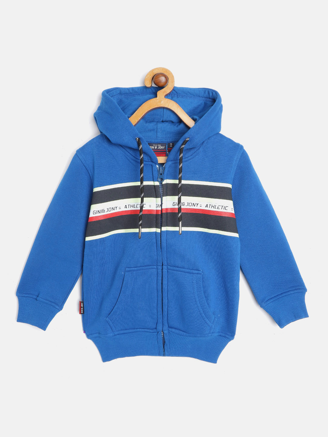 Gini and Jony Boys Blue & Fluorescent Green Striped Hooded Sweatshirt