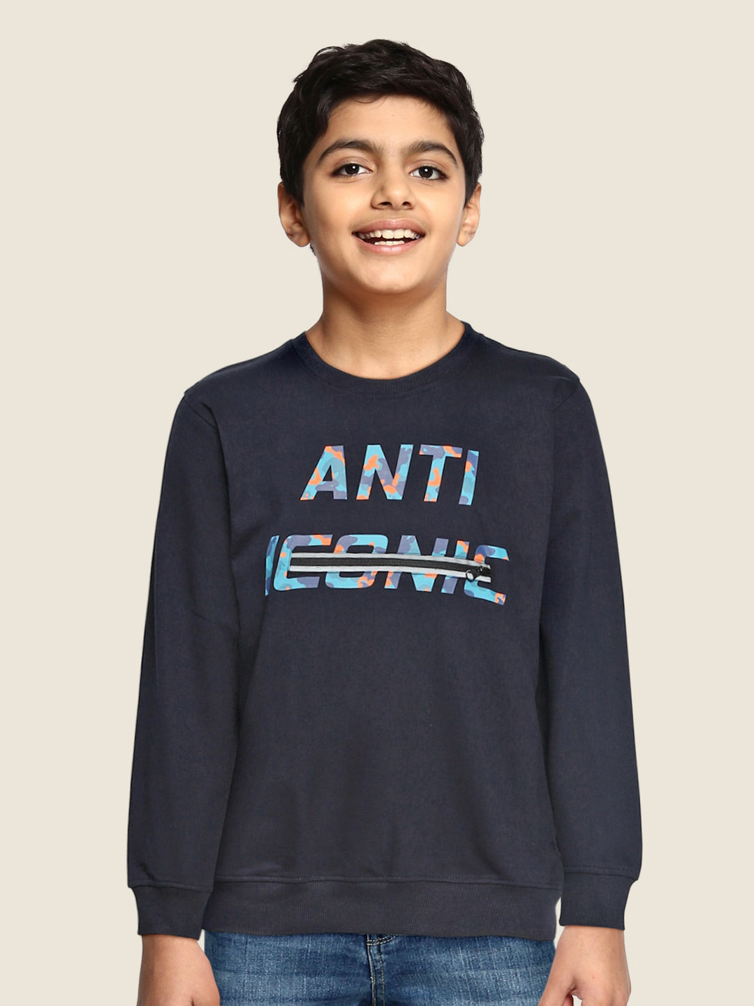 Gini and Jony Boys Navy Blue Pure Cotton Printed Sweatshirt