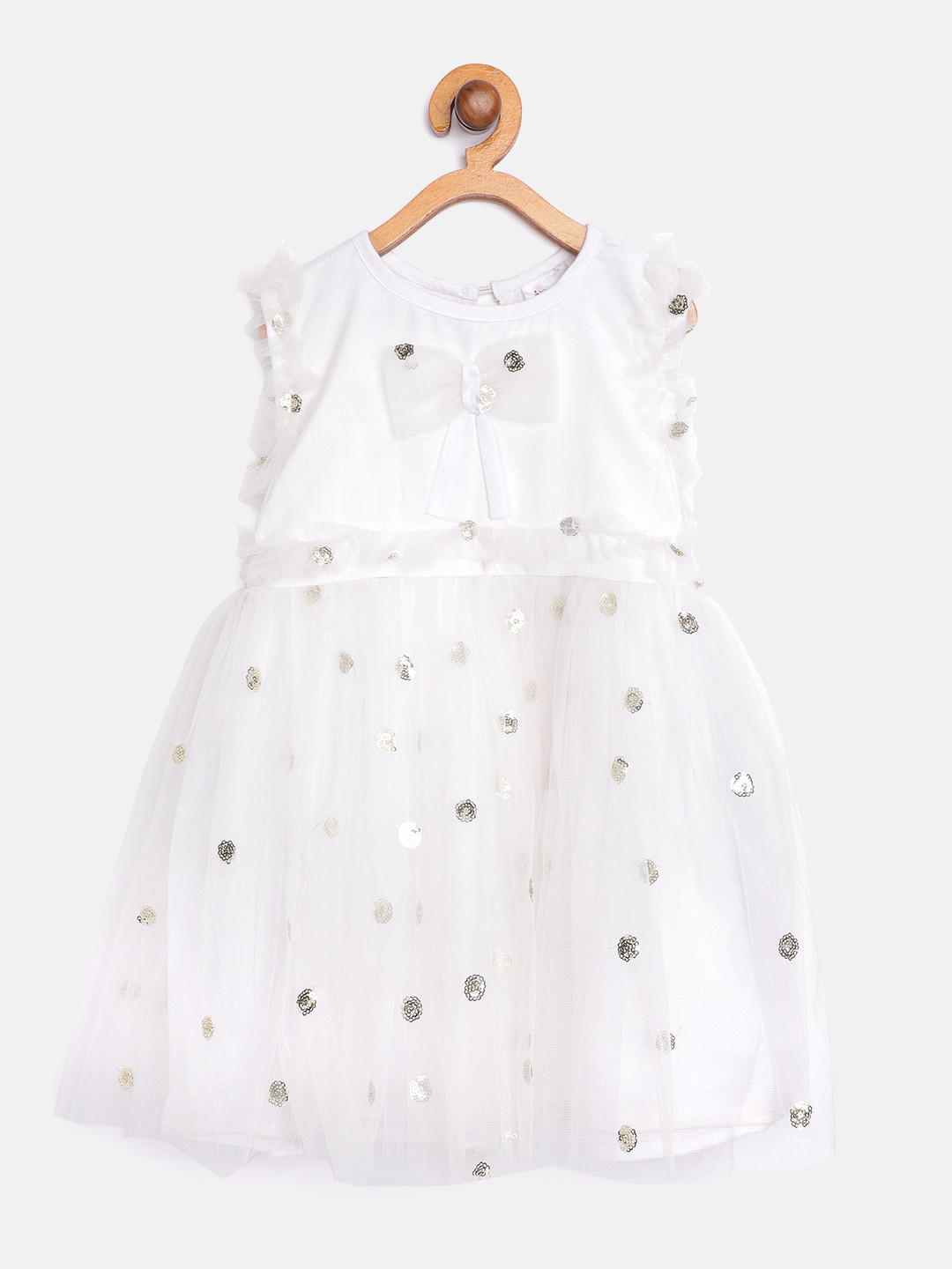 Bella Moda Girls White & Gold-Toned Net Sequinned Fit & Flare Dress