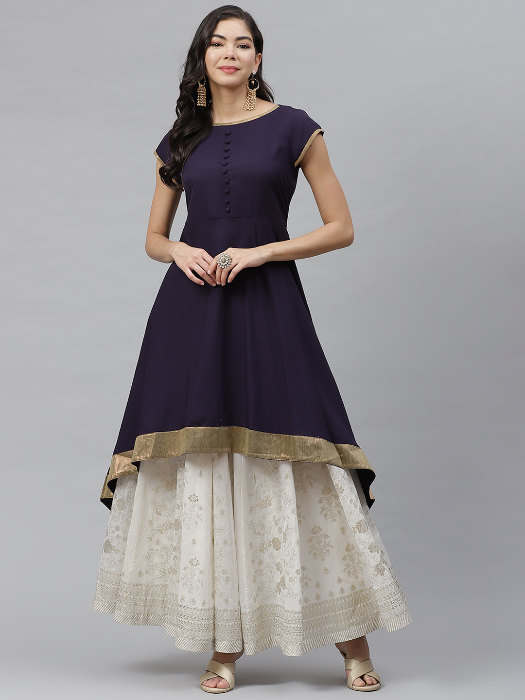 MBE Women Navy Blue Asymmetric Crepe Anarkali Kurta