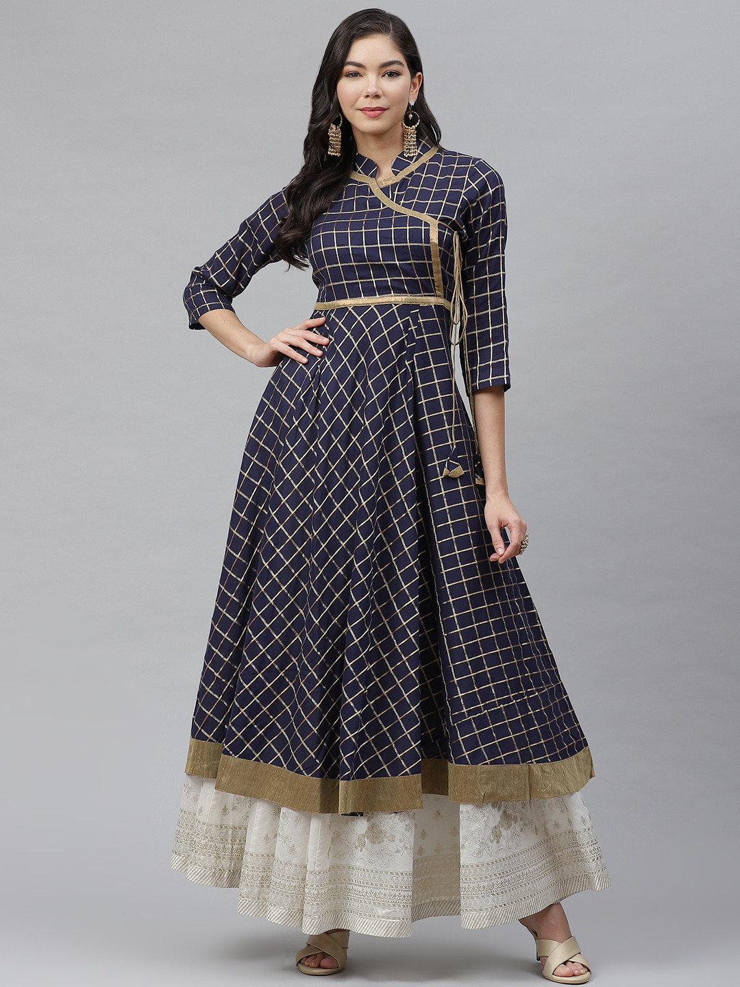 MBE Women Navy Blue & Gold-Toned Checked Indigo Anarkali Kurta