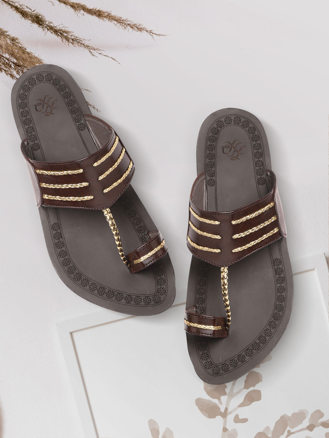 House of Pataudi Men Coffee Brown & Gold-Toned Braided Detail Handcrafted One Toe Sandal