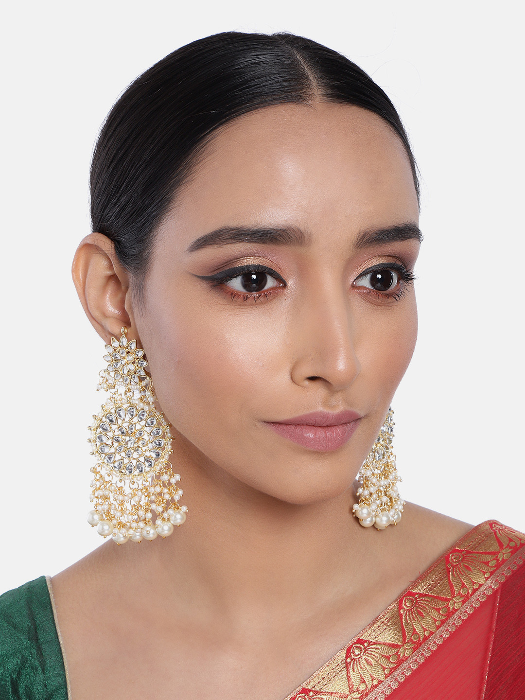 I Jewels Gold-Plated & White Kundan and Pearl Studded Circular Drop Earrings